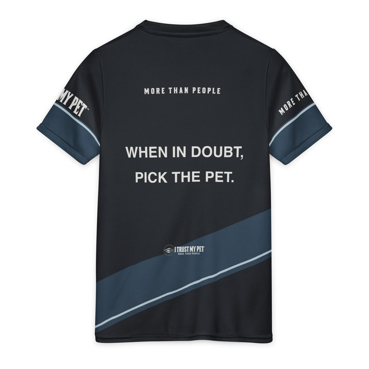Black and blue Preferred Team youth sports jersey, back with When in doubt pick the pet, More than people and distinct sleeve graphics
