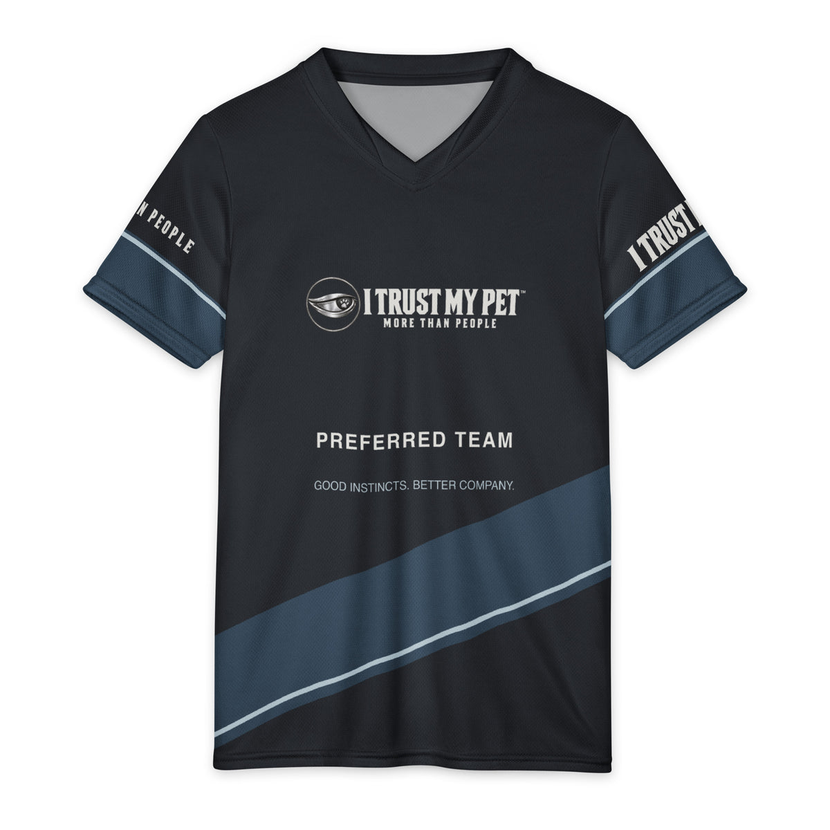 Black and blue Preferred Team youth sports jersey, front with complete I Trust My Pet™ logo, Preferred Team lettering and branded sleeves