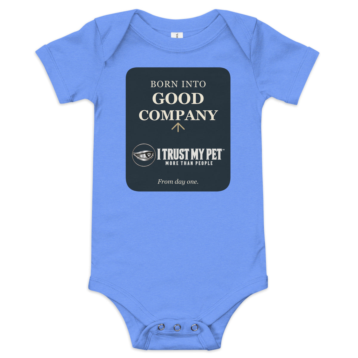 Heather Columbia Blue I Trust My Pet™ baby bodysuit, front with Born into Good Company lettering, the complete signature logo and a rounded cream-and-ink graphic.