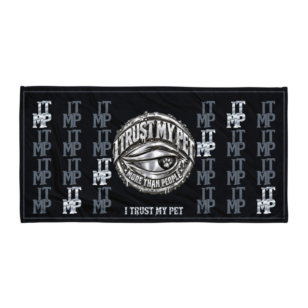 Black I Trust My Pet™ Silver Signature Monogram beach towel, 30 by 60 inches, laid flat with silver-look and charcoal ITMP initials, original eye crest and custom brand lettering