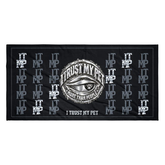 Black I Trust My Pet™ Silver Signature Monogram beach towel, 36 by 72 inches, laid flat with silver-look and charcoal ITMP initials, original eye crest and an inset border