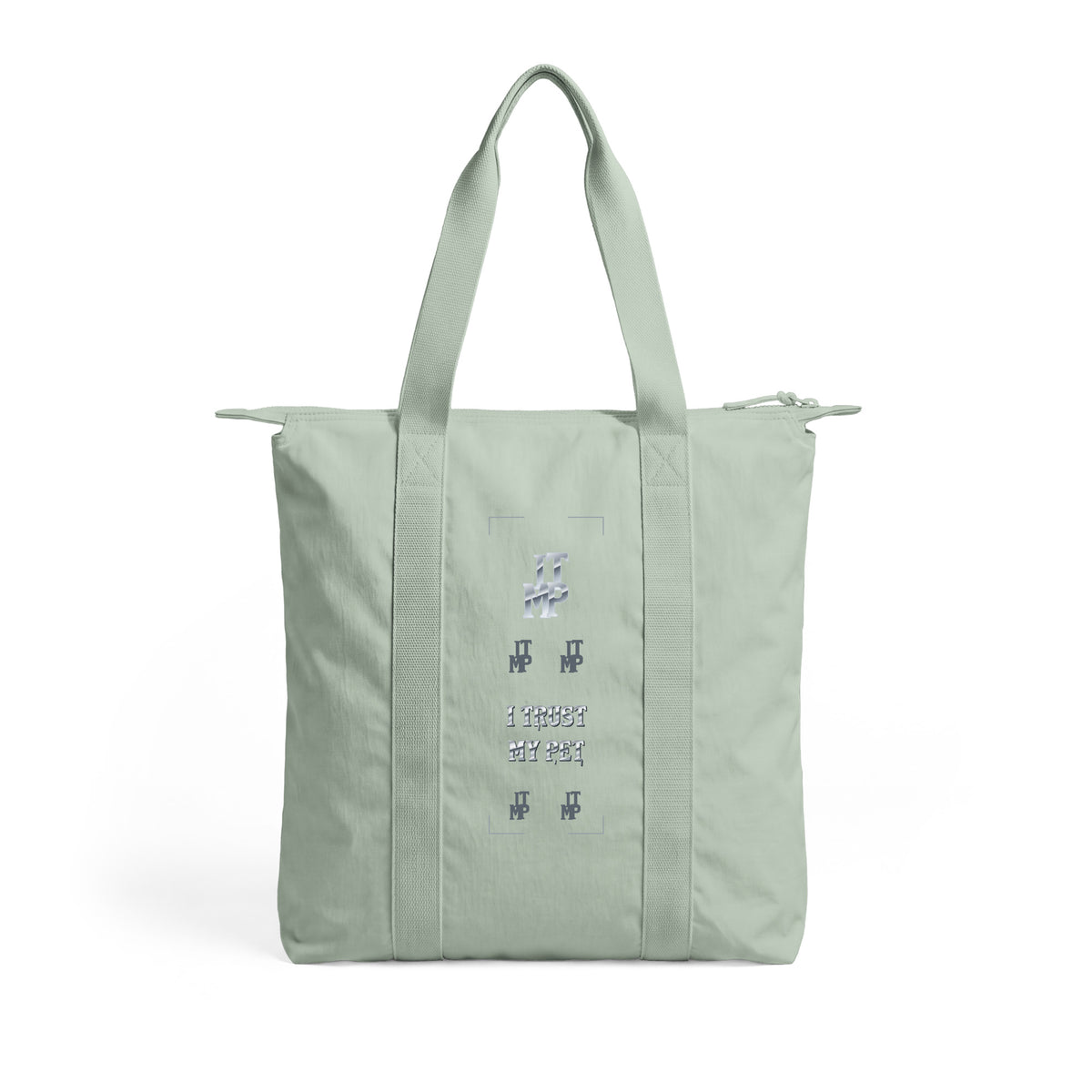 Bay green I Trust My Pet™ Silver Signature Carry-All Tote, flat back view with a silver-look ITMP mark and custom brand lettering