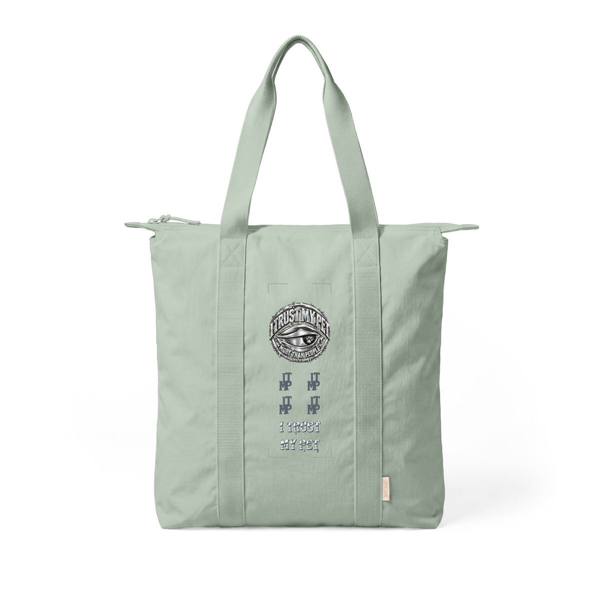 Bay green I Trust My Pet™ Silver Signature Carry-All Tote, flat front view with the original silver-look eye crest, charcoal ITMP motifs and custom brand lettering