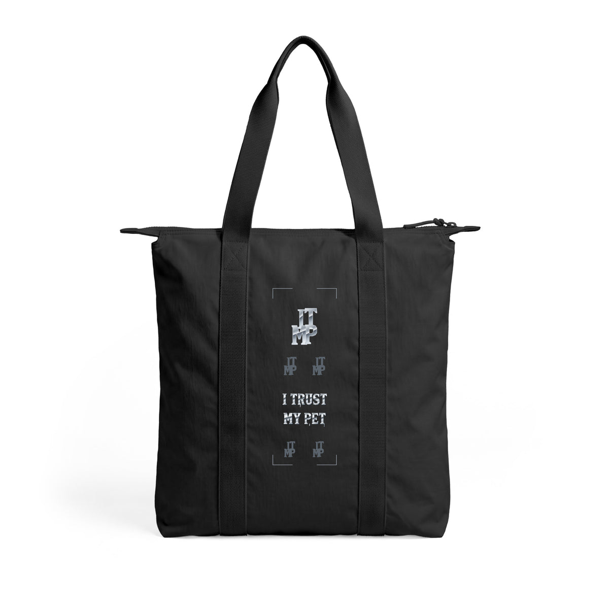 Black I Trust My Pet™ Silver Signature Carry-All Tote, angled back view showing the ITMP monogram composition