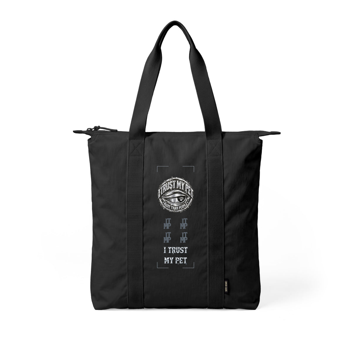 Black I Trust My Pet™ Silver Signature Carry-All Tote, angled front view showing the complete original silver-look eye crest