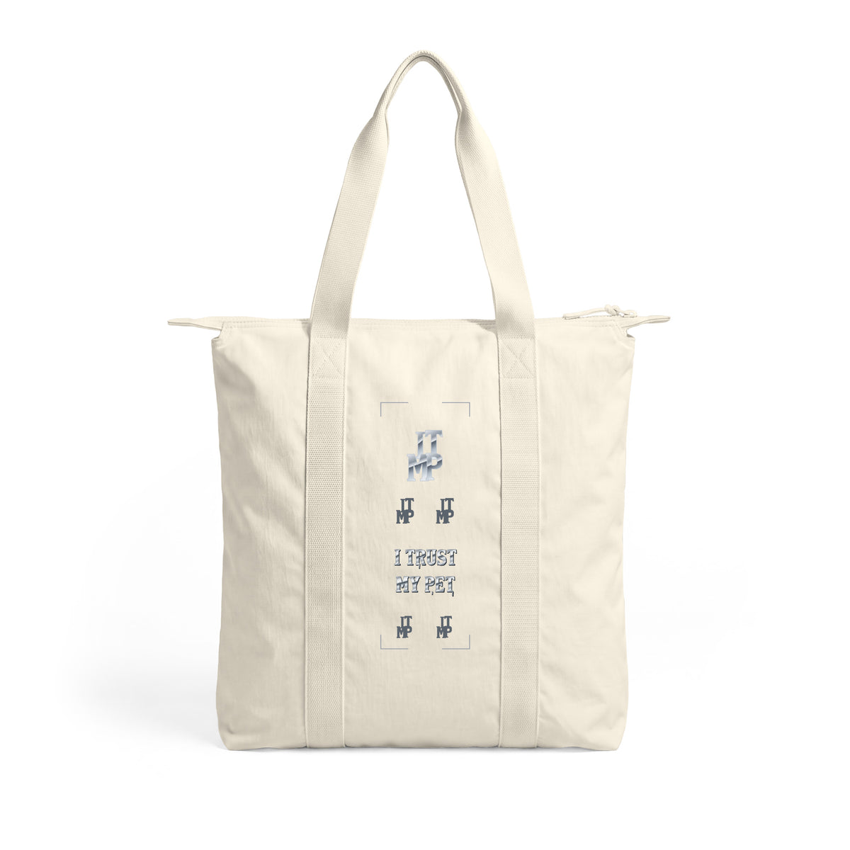 Ivory I Trust My Pet™ Silver Signature Carry-All Tote, angled back view showing the ITMP monogram composition