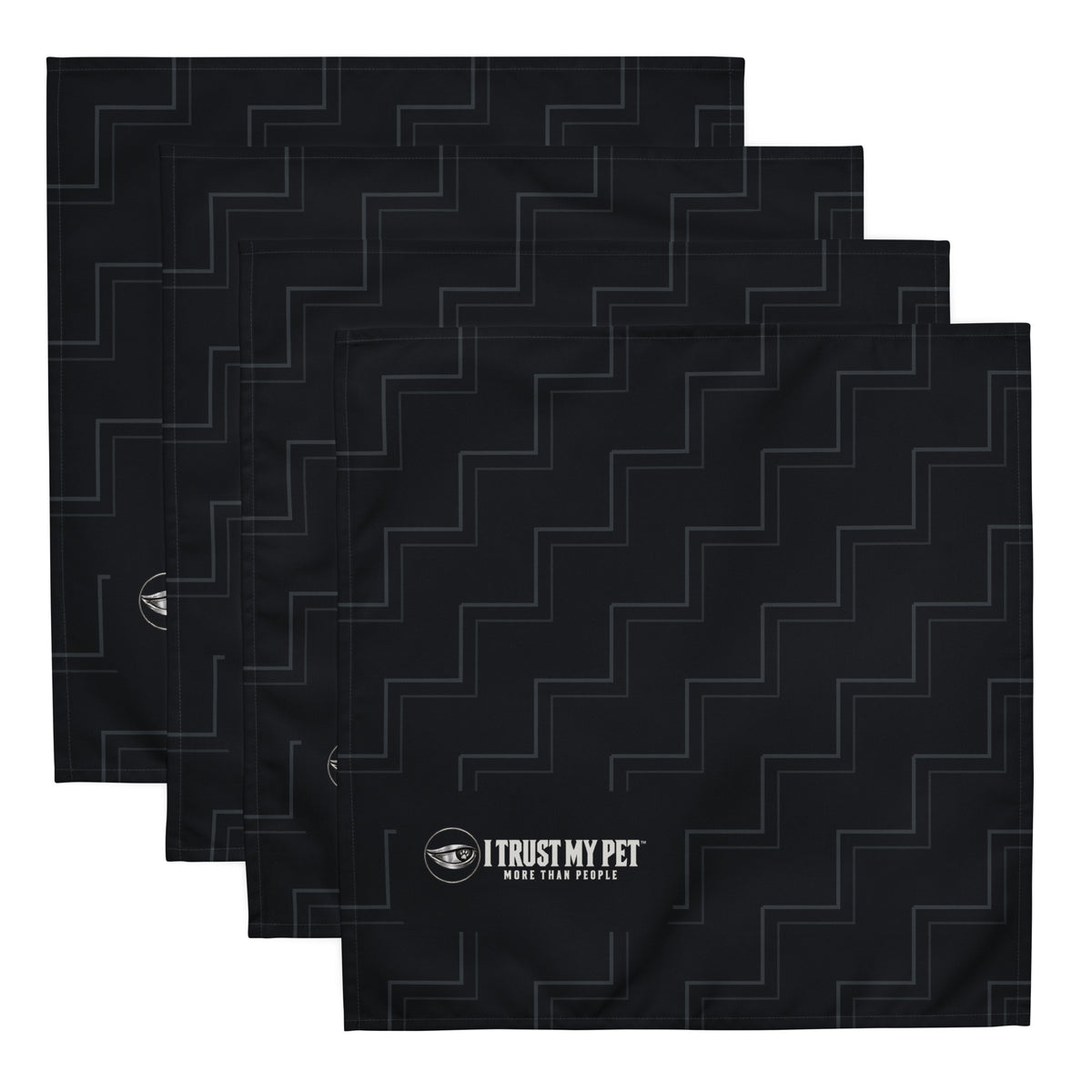 Four black Quiet Company cloth napkins stacked to show the charcoal rising-line pattern and complete I Trust My Pet™ logo.