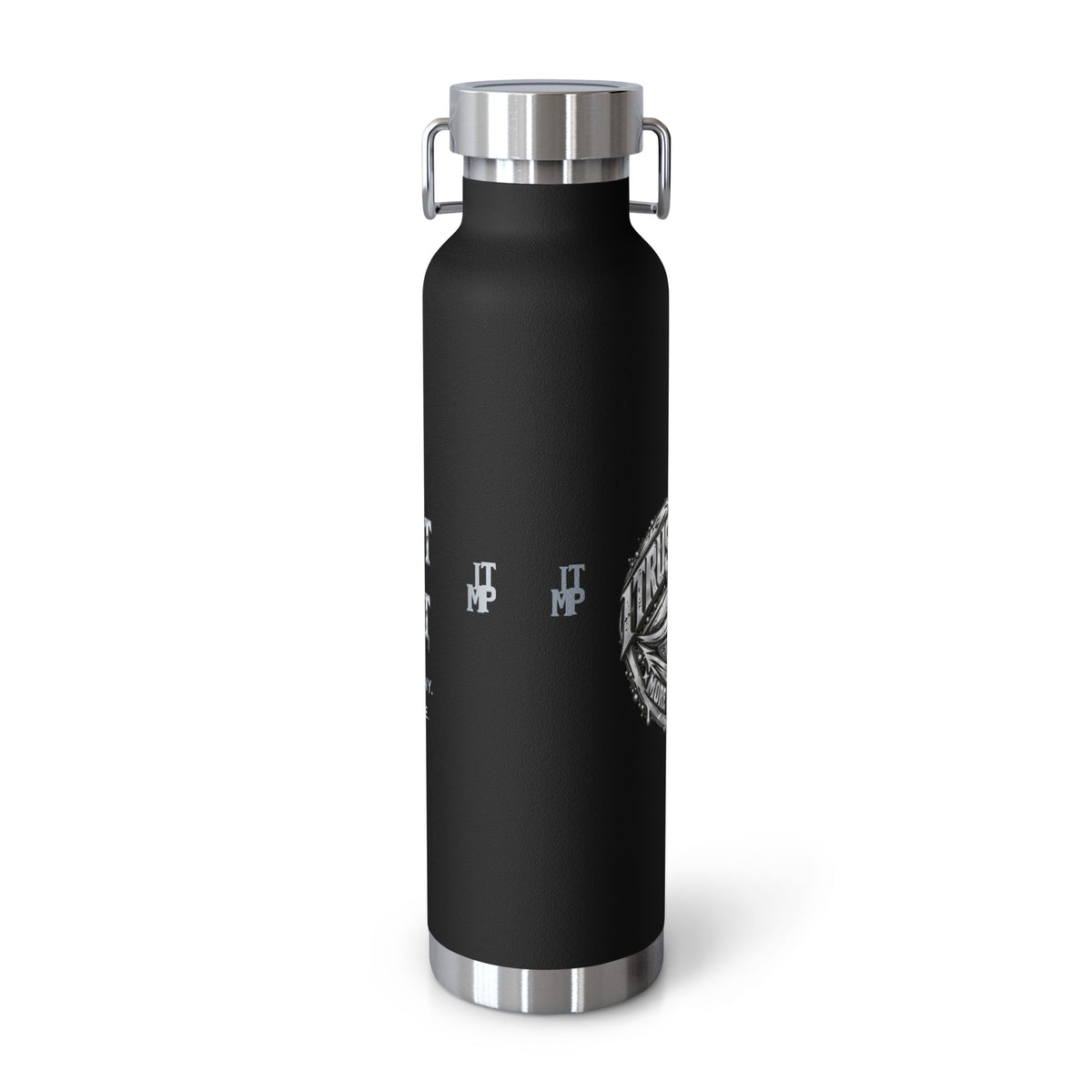 Black I Trust My Pet™ Silver Signature 22 oz copper vacuum-insulated stainless steel water bottle, back view showing original monogram accents and the curved edge of the silver-look side-eye emblem, photographed by itself.