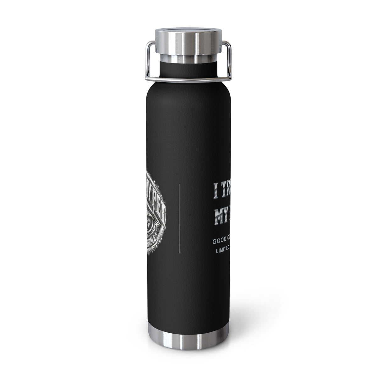 Black I Trust My Pet™ Silver Signature 22 oz copper vacuum-insulated stainless steel water bottle, front view showing the silver-look artwork and original monogram accents, photographed by itself.