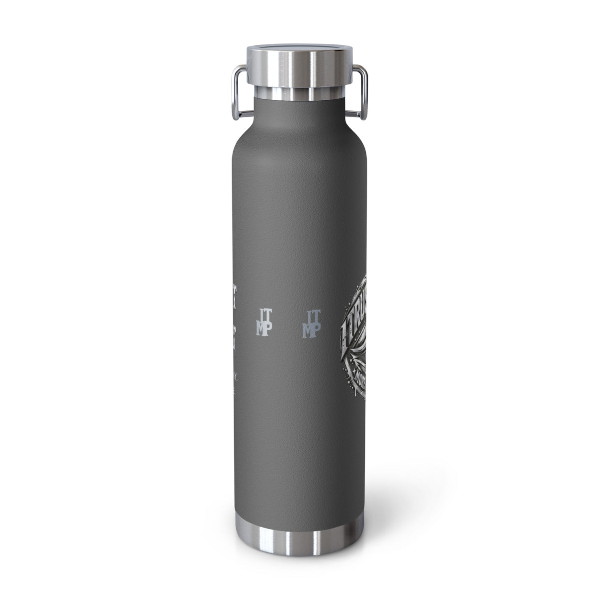 Grey I Trust My Pet™ Silver Signature 22 oz copper vacuum-insulated stainless steel water bottle, back view showing original monogram accents and the curved edge of the silver-look side-eye emblem, photographed by itself.