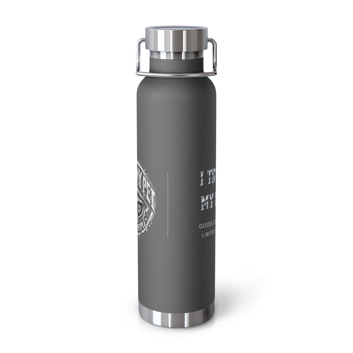 Grey I Trust My Pet™ Silver Signature 22 oz copper vacuum-insulated stainless steel water bottle, front view showing the silver-look artwork and original monogram accents, photographed by itself.