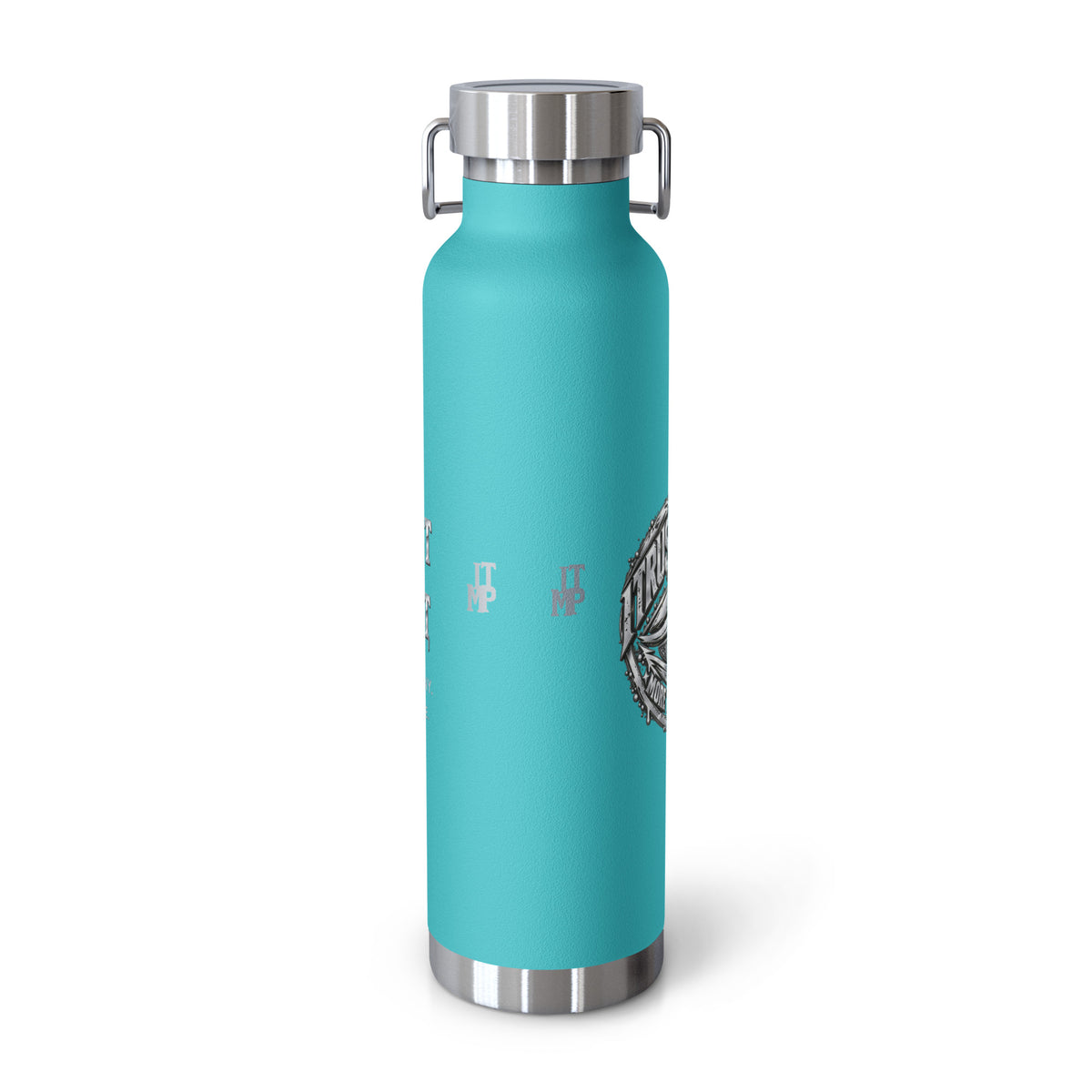 Mint Green I Trust My Pet™ Silver Signature 22 oz copper vacuum-insulated stainless steel water bottle, back view showing original monogram accents and the curved edge of the silver-look side-eye emblem, photographed by itself.