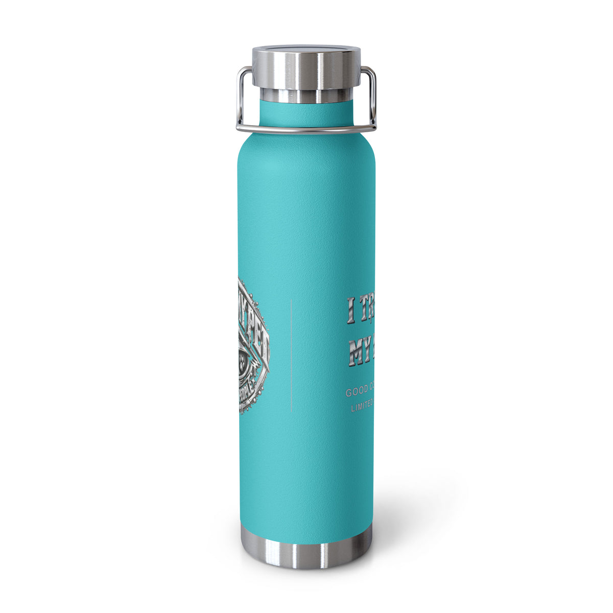 Mint Green I Trust My Pet™ Silver Signature 22 oz copper vacuum-insulated stainless steel water bottle, front view showing the silver-look artwork and original monogram accents, photographed by itself.