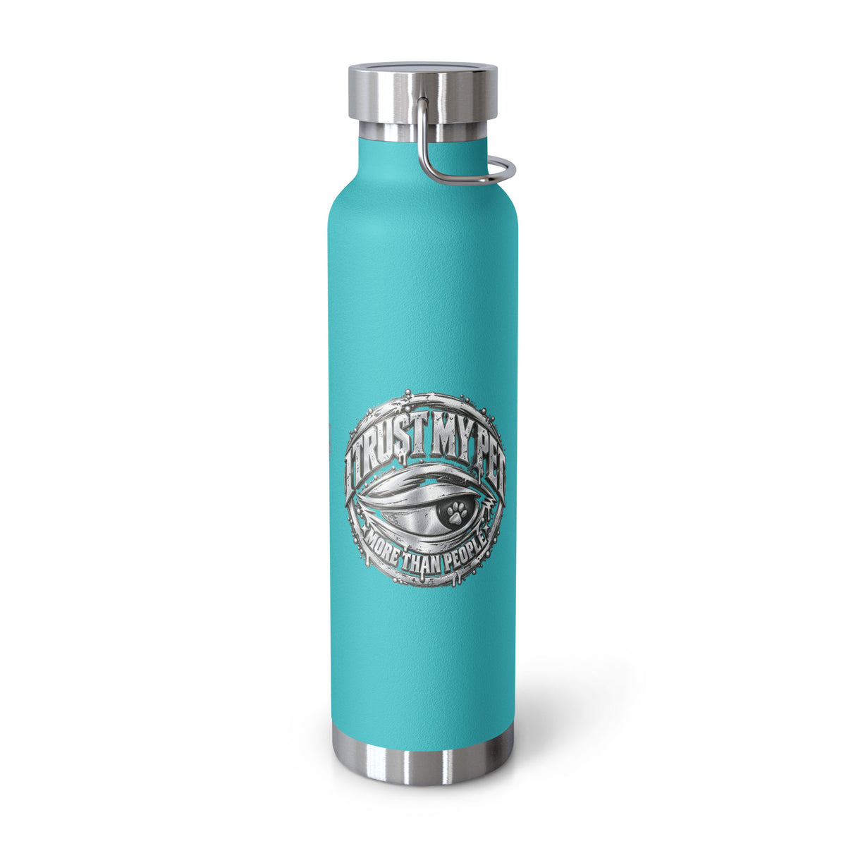Mint Green I Trust My Pet™ Silver Signature 22 oz copper vacuum-insulated stainless steel water bottle, left view showing the original silver-look side-eye logo, photographed by itself.