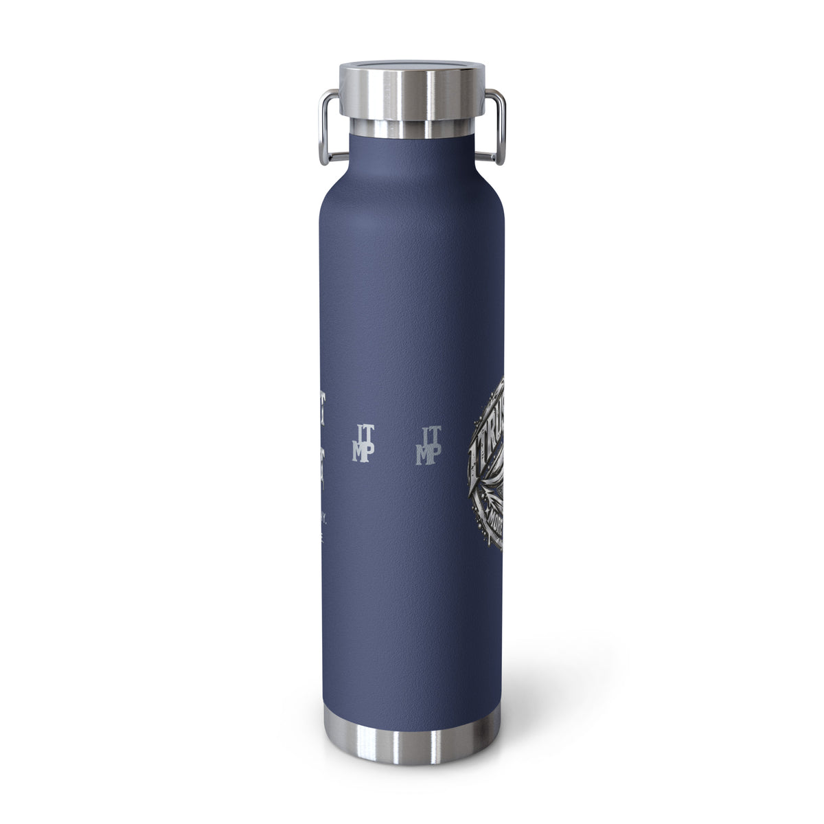 Navy I Trust My Pet™ Silver Signature 22 oz copper vacuum-insulated stainless steel water bottle, back view showing original monogram accents and the curved edge of the silver-look side-eye emblem, photographed by itself.