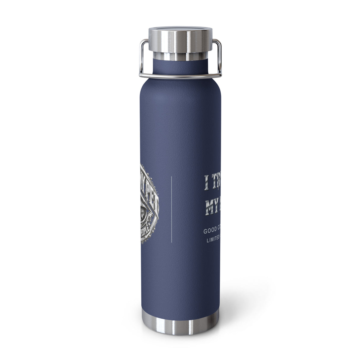 Navy I Trust My Pet™ Silver Signature 22 oz copper vacuum-insulated stainless steel water bottle, front view showing the silver-look artwork and original monogram accents, photographed by itself.