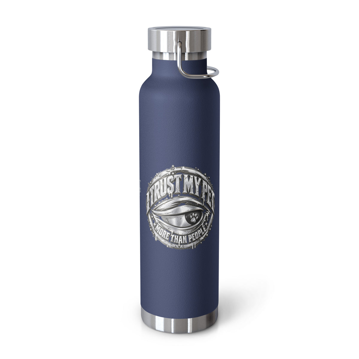 Navy I Trust My Pet™ Silver Signature 22 oz copper vacuum-insulated stainless steel water bottle, left view showing the original silver-look side-eye logo, photographed by itself.