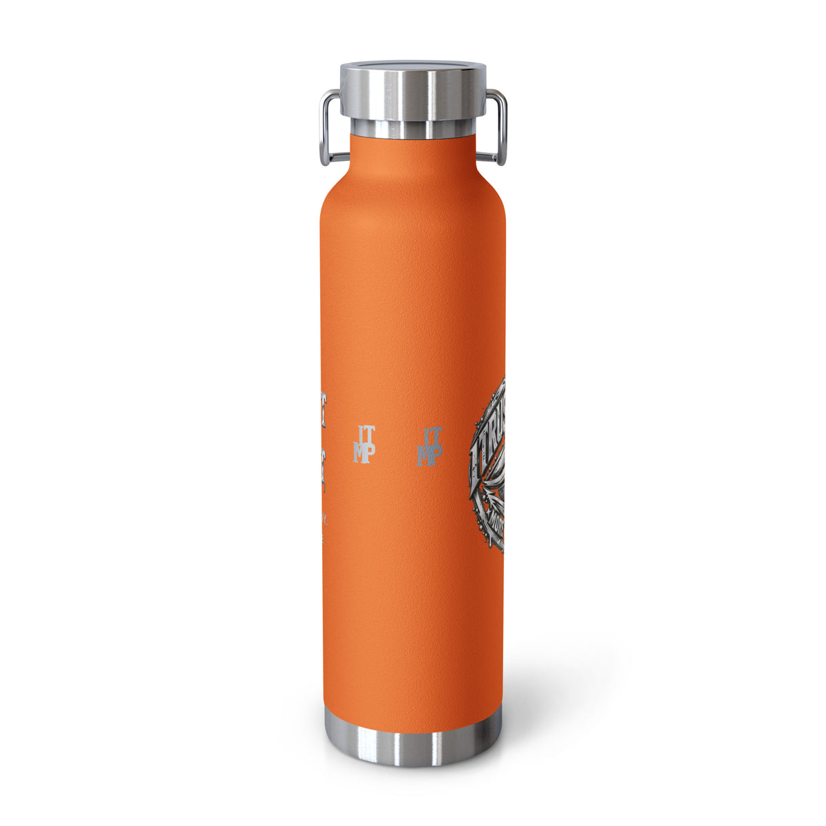 Orange I Trust My Pet™ Silver Signature 22 oz copper vacuum-insulated stainless steel water bottle, back view showing original monogram accents and the curved edge of the silver-look side-eye emblem, photographed by itself.