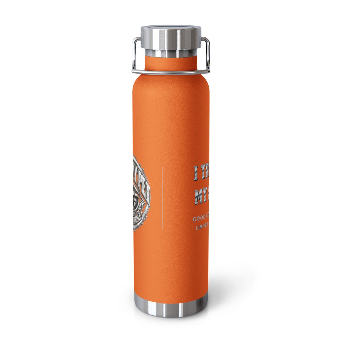 Orange I Trust My Pet™ Silver Signature 22 oz copper vacuum-insulated stainless steel water bottle, front view showing the silver-look artwork and original monogram accents, photographed by itself.