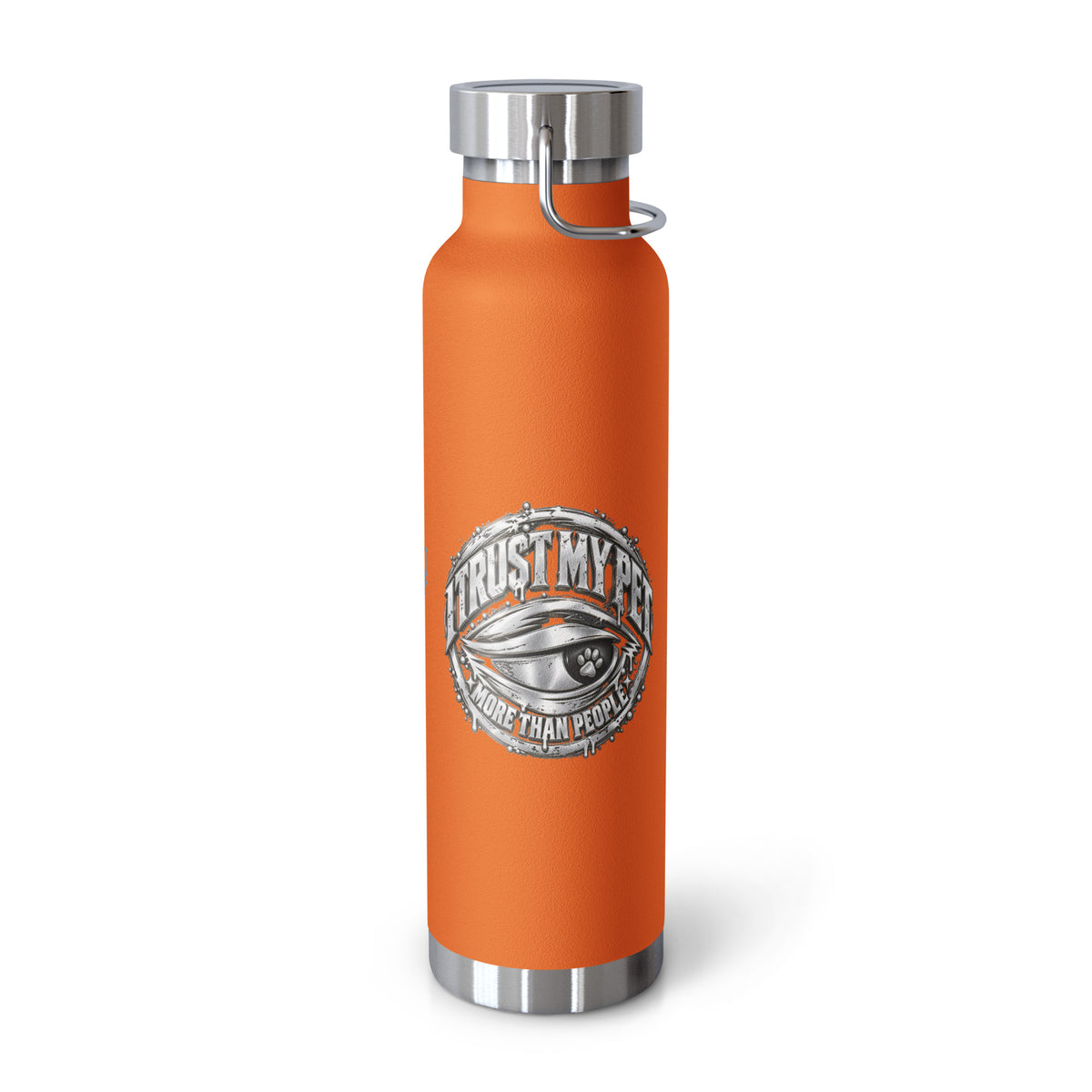 Orange I Trust My Pet™ Silver Signature 22 oz copper vacuum-insulated stainless steel water bottle, left view showing the original silver-look side-eye logo, photographed by itself.