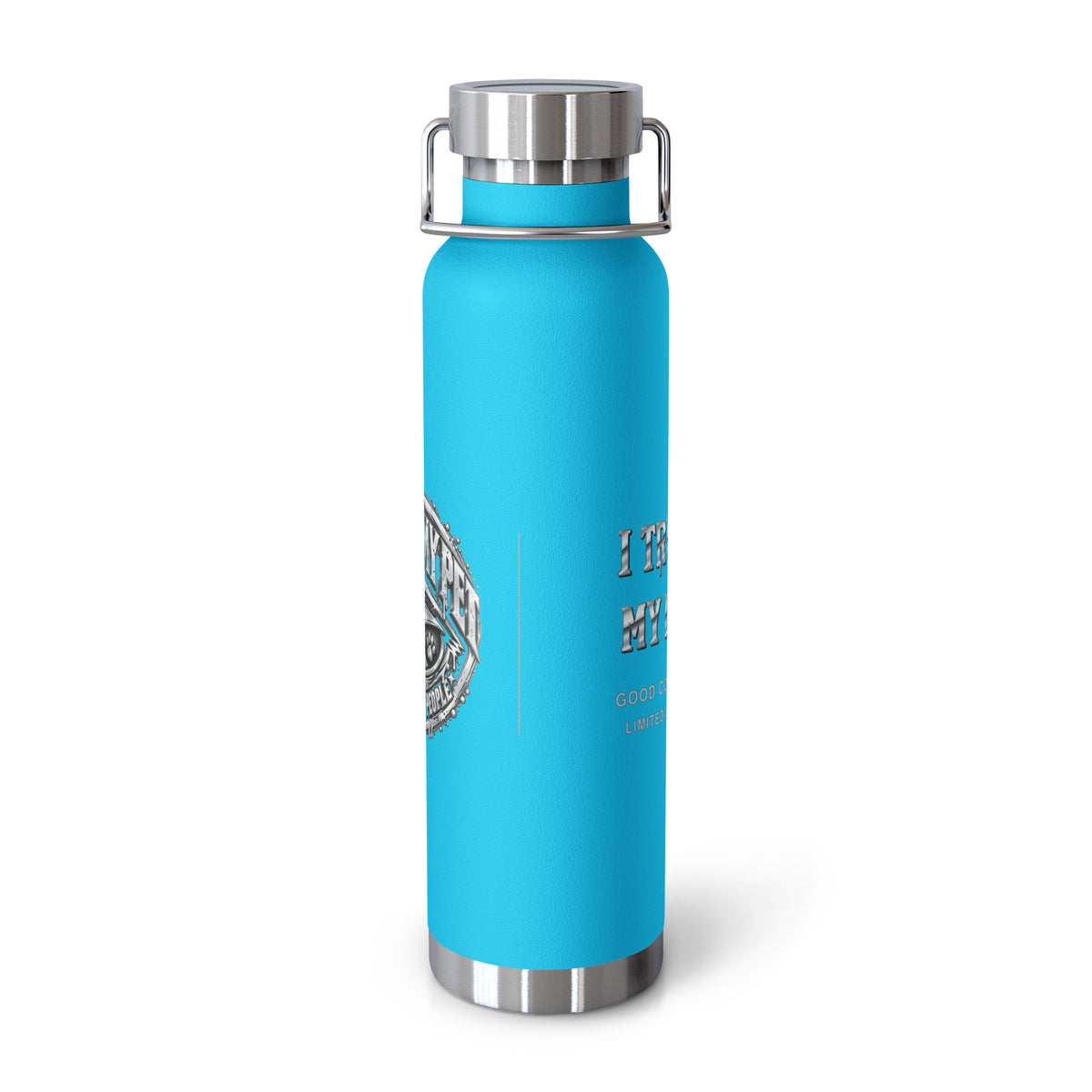 Pebble Blue I Trust My Pet™ Silver Signature 22 oz copper vacuum-insulated stainless steel water bottle, front view showing the silver-look artwork and original monogram accents, photographed by itself.