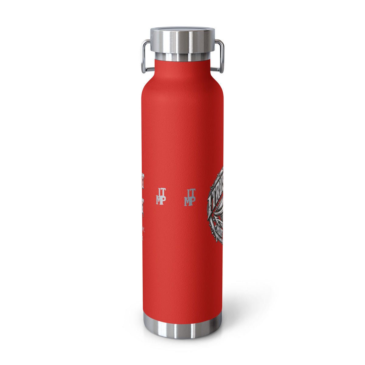 Red I Trust My Pet™ Silver Signature 22 oz copper vacuum-insulated stainless steel water bottle, back view showing original monogram accents and the curved edge of the silver-look side-eye emblem, photographed by itself.