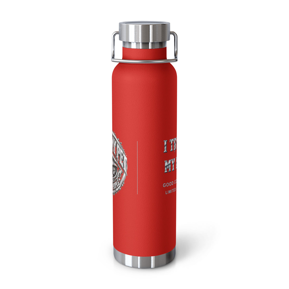 Red I Trust My Pet™ Silver Signature 22 oz copper vacuum-insulated stainless steel water bottle, front view showing the silver-look artwork and original monogram accents, photographed by itself.
