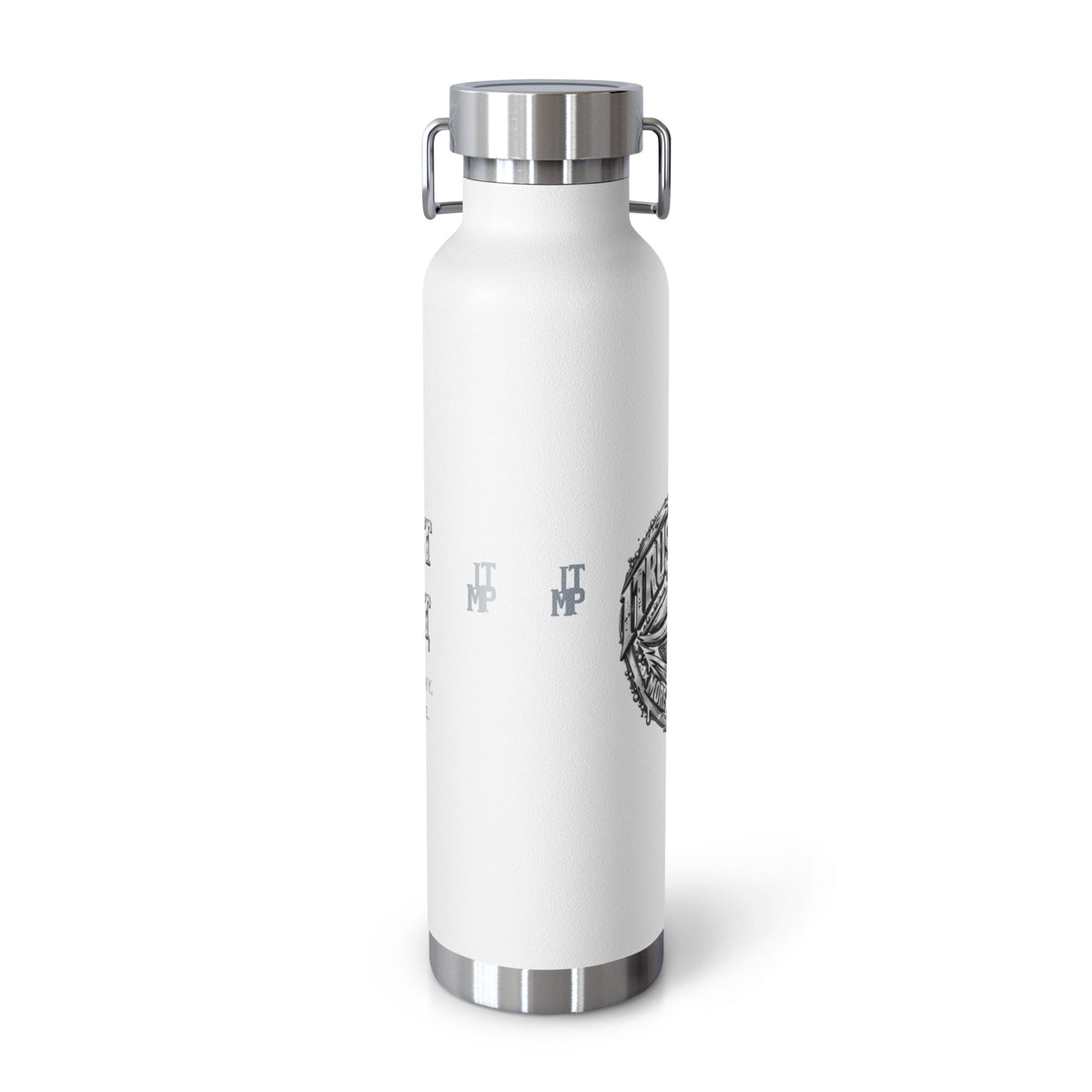 White I Trust My Pet™ Silver Signature 22 oz copper vacuum-insulated stainless steel water bottle, back view showing original monogram accents and the curved edge of the silver-look side-eye emblem, photographed by itself.
