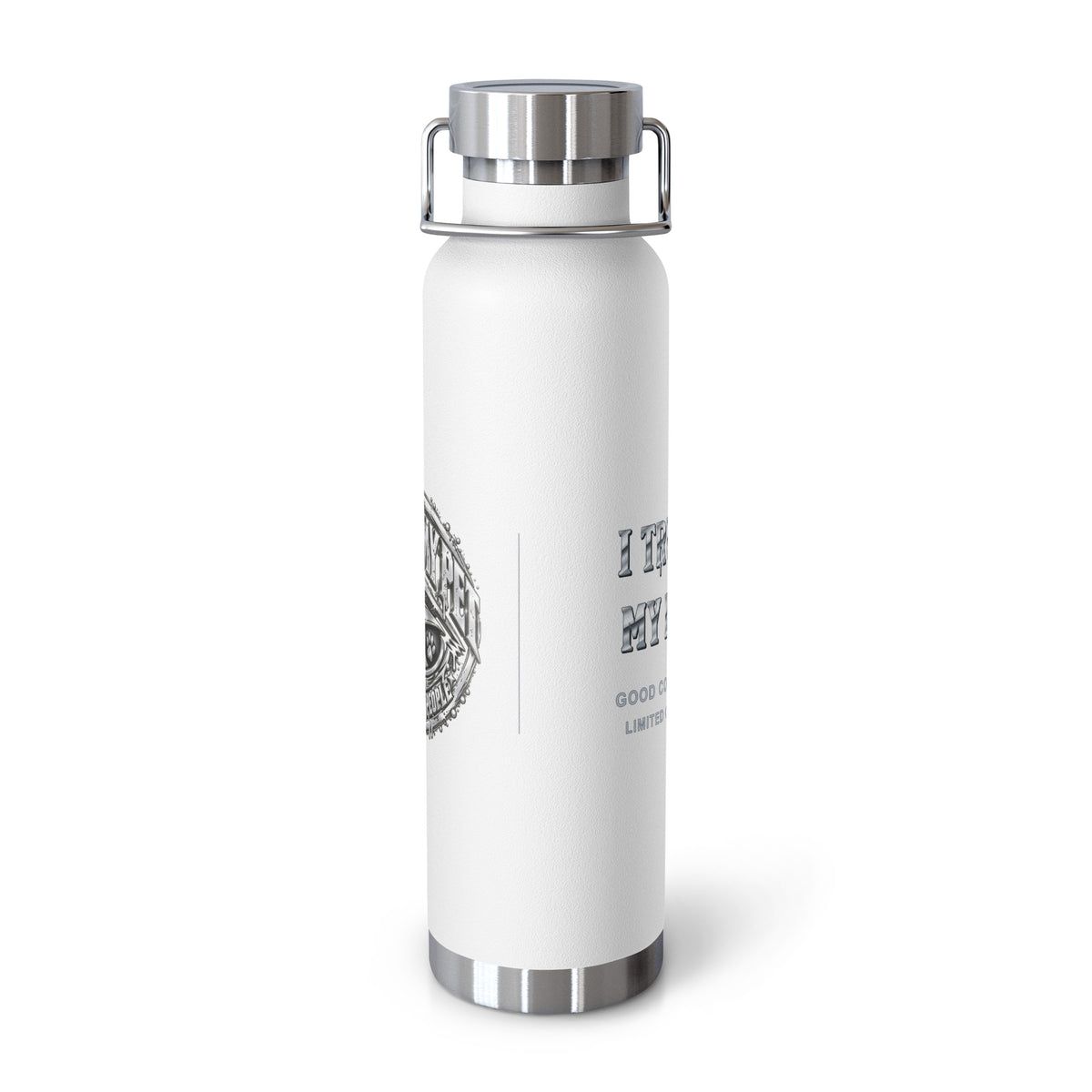 White I Trust My Pet™ Silver Signature 22 oz copper vacuum-insulated stainless steel water bottle, front view showing the silver-look artwork and original monogram accents, photographed by itself.