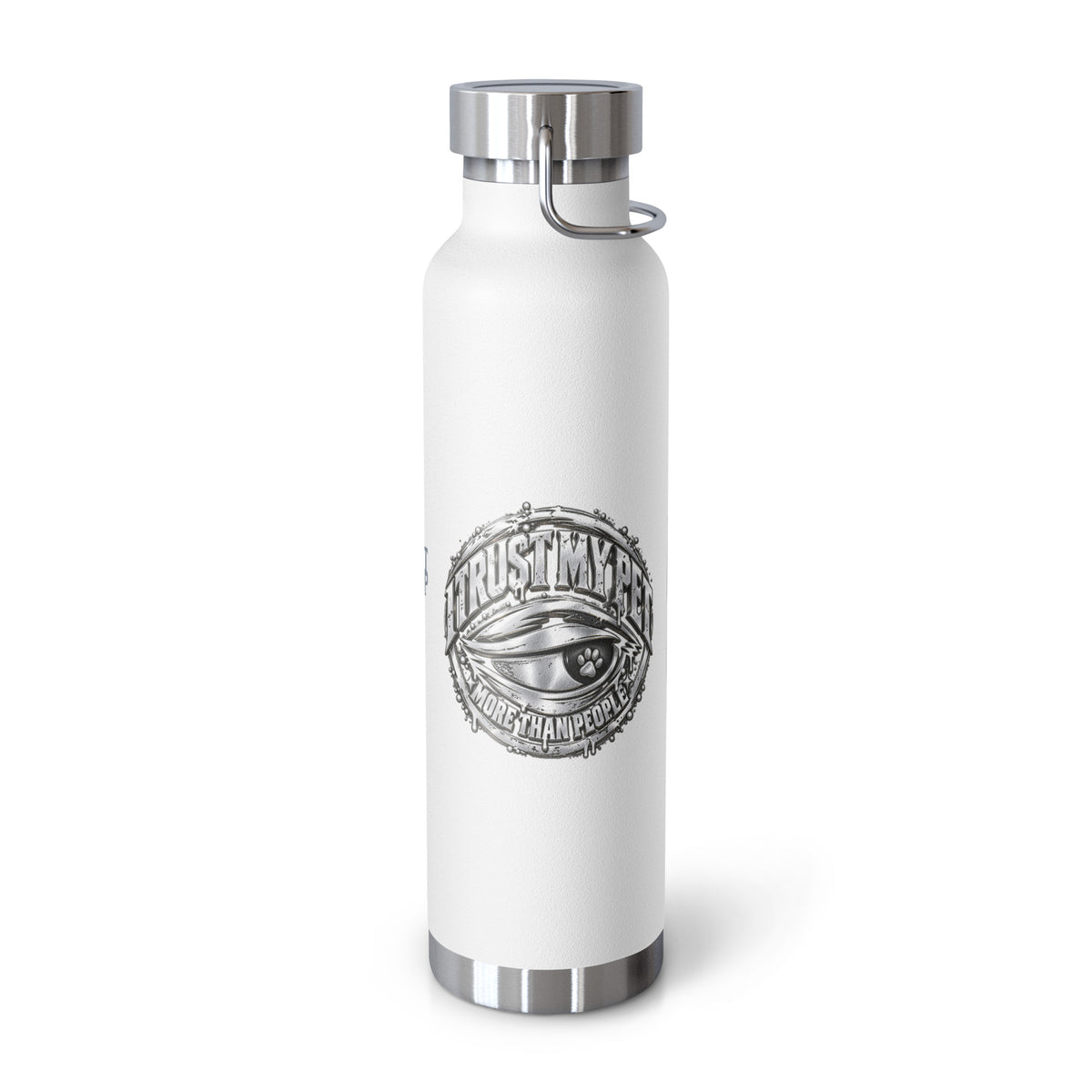 White I Trust My Pet™ Silver Signature 22 oz copper vacuum-insulated stainless steel water bottle, left view showing the original silver-look side-eye logo, photographed by itself.
