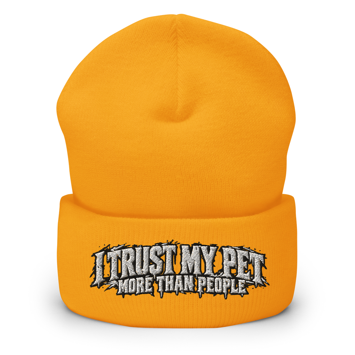 I Trust My Pet™ More Than People Cuffed Beanie in Gold, front view