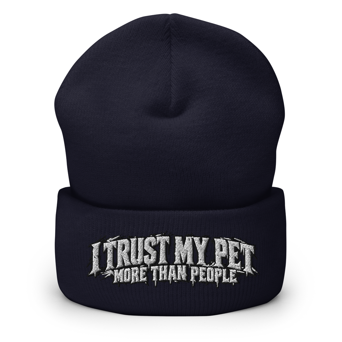 I Trust My Pet™ More Than People Cuffed Beanie in Navy, front view