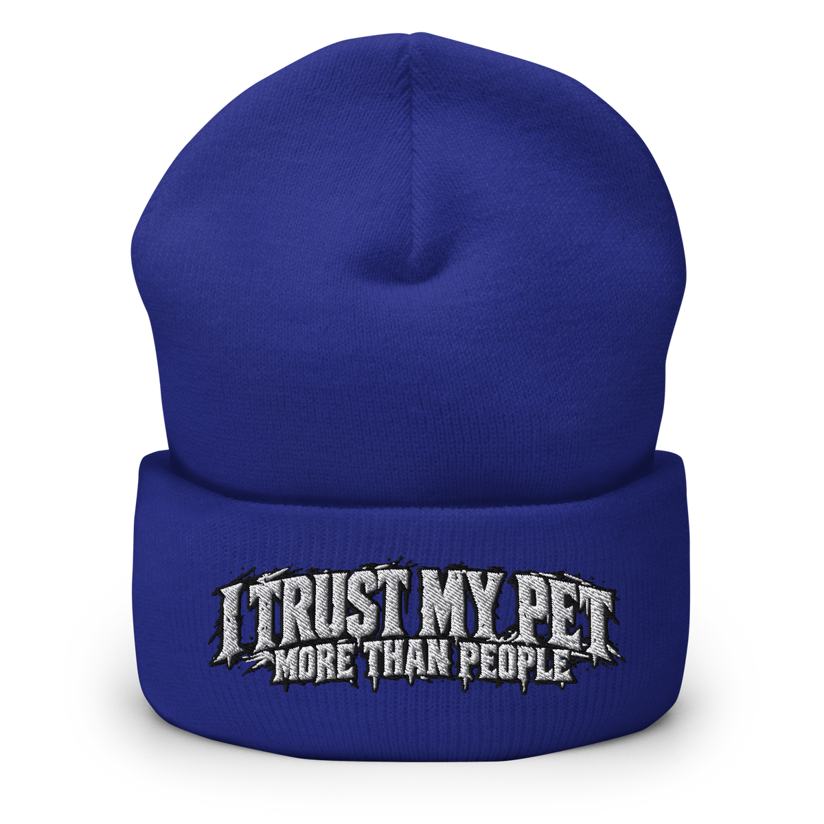 I Trust My Pet™ More Than People Cuffed Beanie in Royal, front view