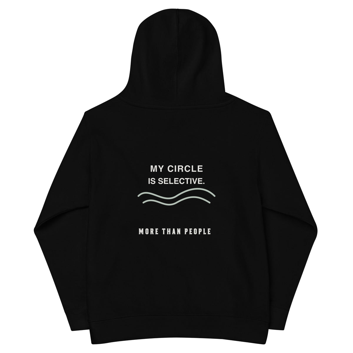 Black Preferred Company kids fleece hoodie, back with My Circle Is Selective lettering and More than people signature below the hood, garment-only view.
