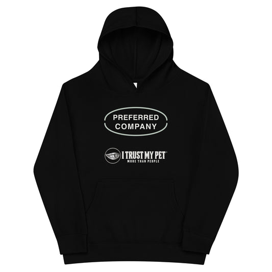 Black Preferred Company kids fleece hoodie, front with sage oval accents, Preferred Company lettering and complete I Trust My Pet™ logo, garment-only view.