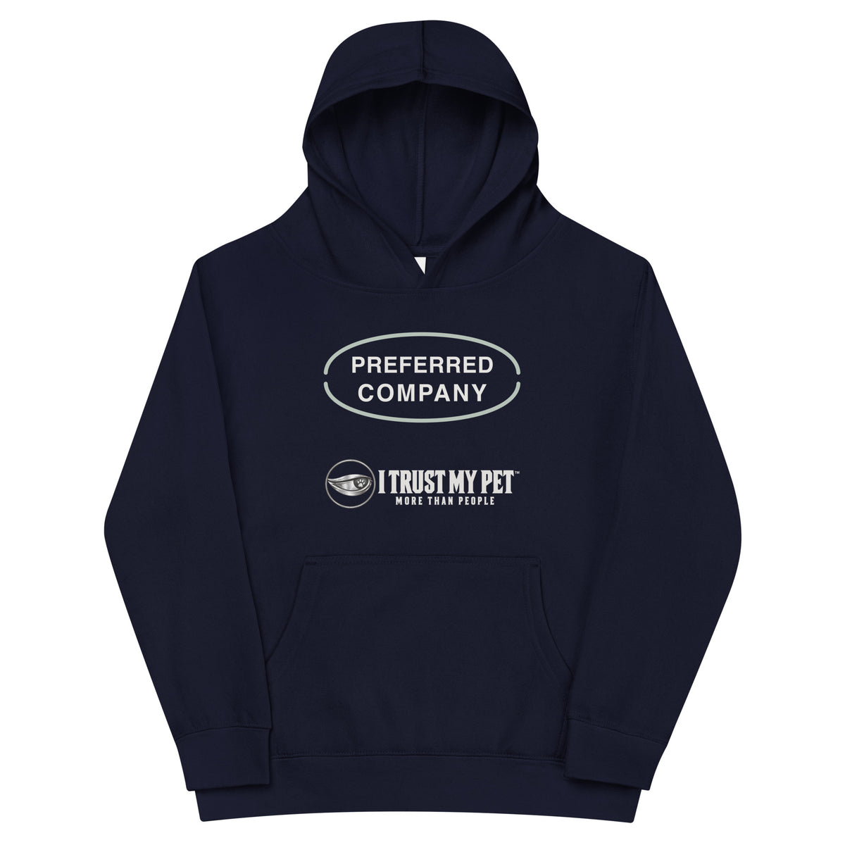 Navy blazer Preferred Company kids fleece hoodie, front with sage oval accents, Preferred Company lettering and complete I Trust My Pet™ logo, garment-only view.