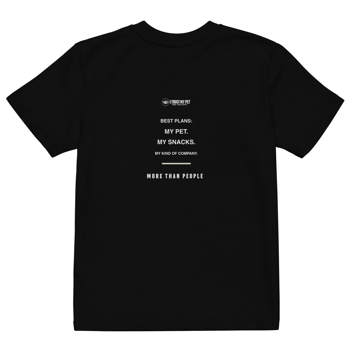Black Little Circle kids’ organic cotton T-shirt, back showing My pet, my snacks, my kind of company graphic
