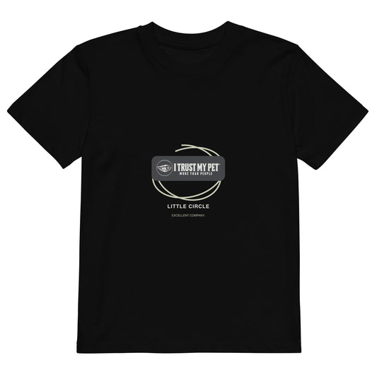 Black Little Circle kids’ organic cotton T-shirt, front showing complete I Trust My Pet™ logo and sage orbit lines