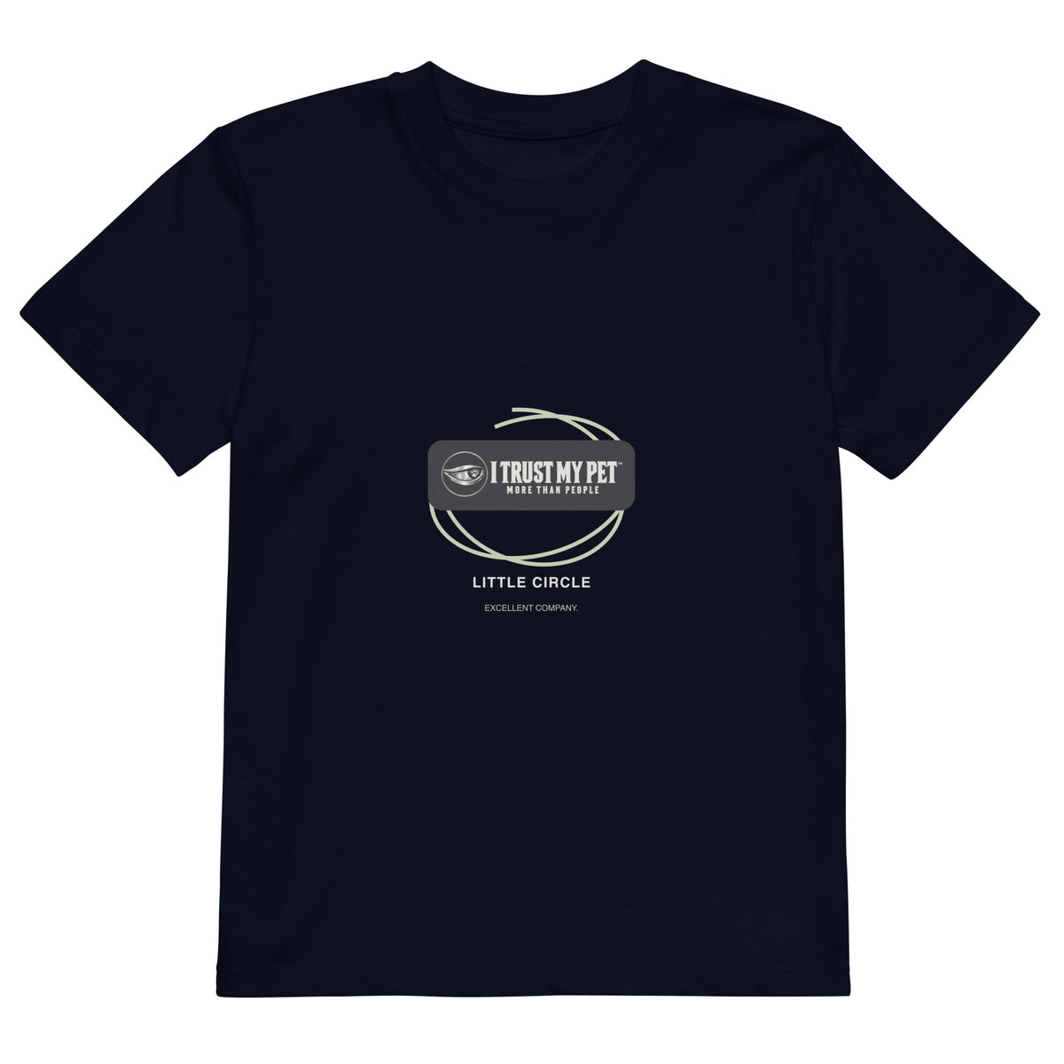 French navy Little Circle kids’ organic cotton T-shirt, front showing complete I Trust My Pet™ logo and sage orbit lines