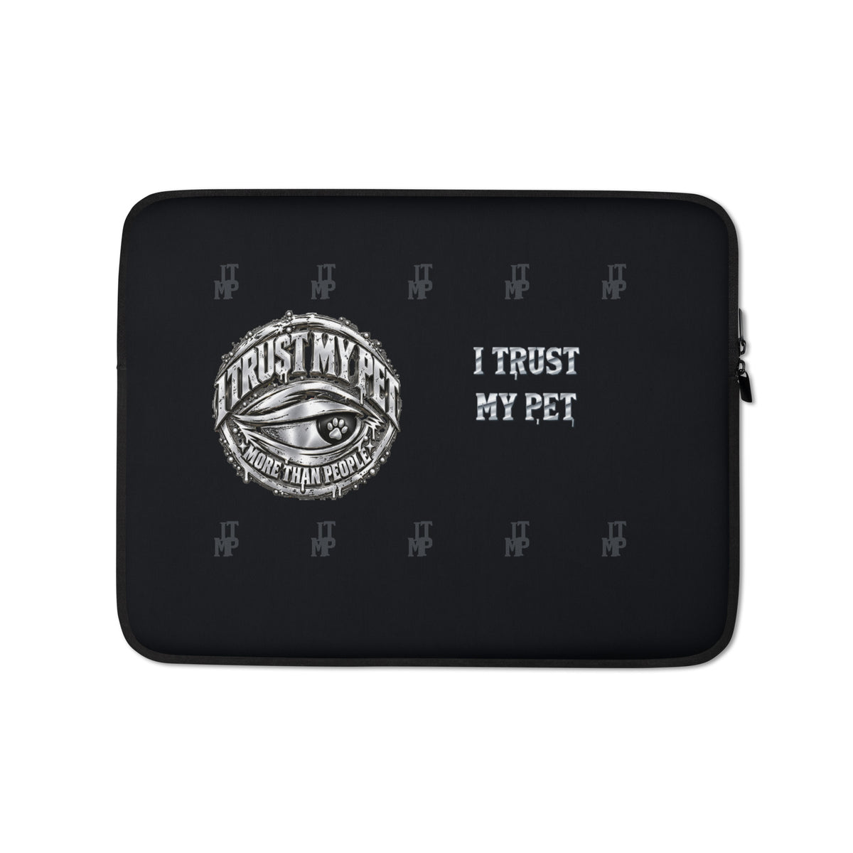 I Trust My Pet™ Silver Signature 13-inch black neoprene laptop sleeve with original silver-look crest, custom lettering and charcoal monograms, front flat view.