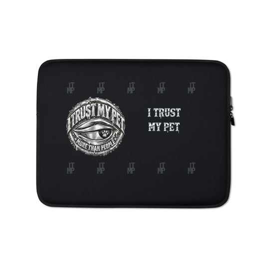I Trust My Pet™ Silver Signature 13-inch black neoprene laptop sleeve with original silver-look crest, custom lettering and charcoal monograms, front flat view.
