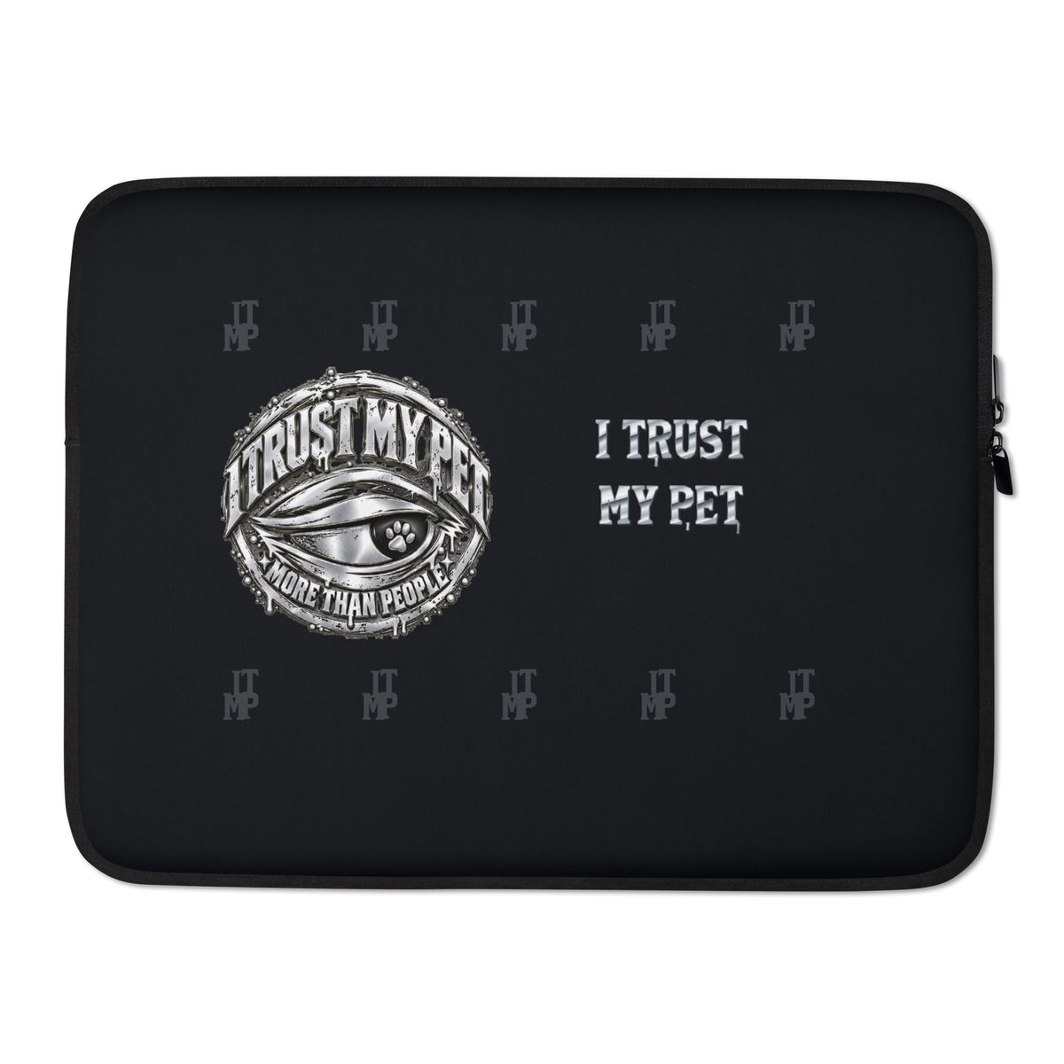 I Trust My Pet™ Silver Signature 15-inch black neoprene laptop sleeve with original silver-look crest, custom lettering and charcoal monograms, front flat view.