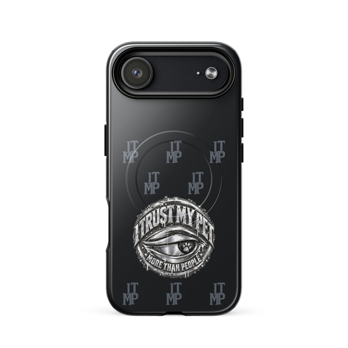 Black I Trust My Pet™ Signature Monogram MagSafe case for iPhone 17 Air, glossy finish with charcoal initials and original silver-look eye emblem