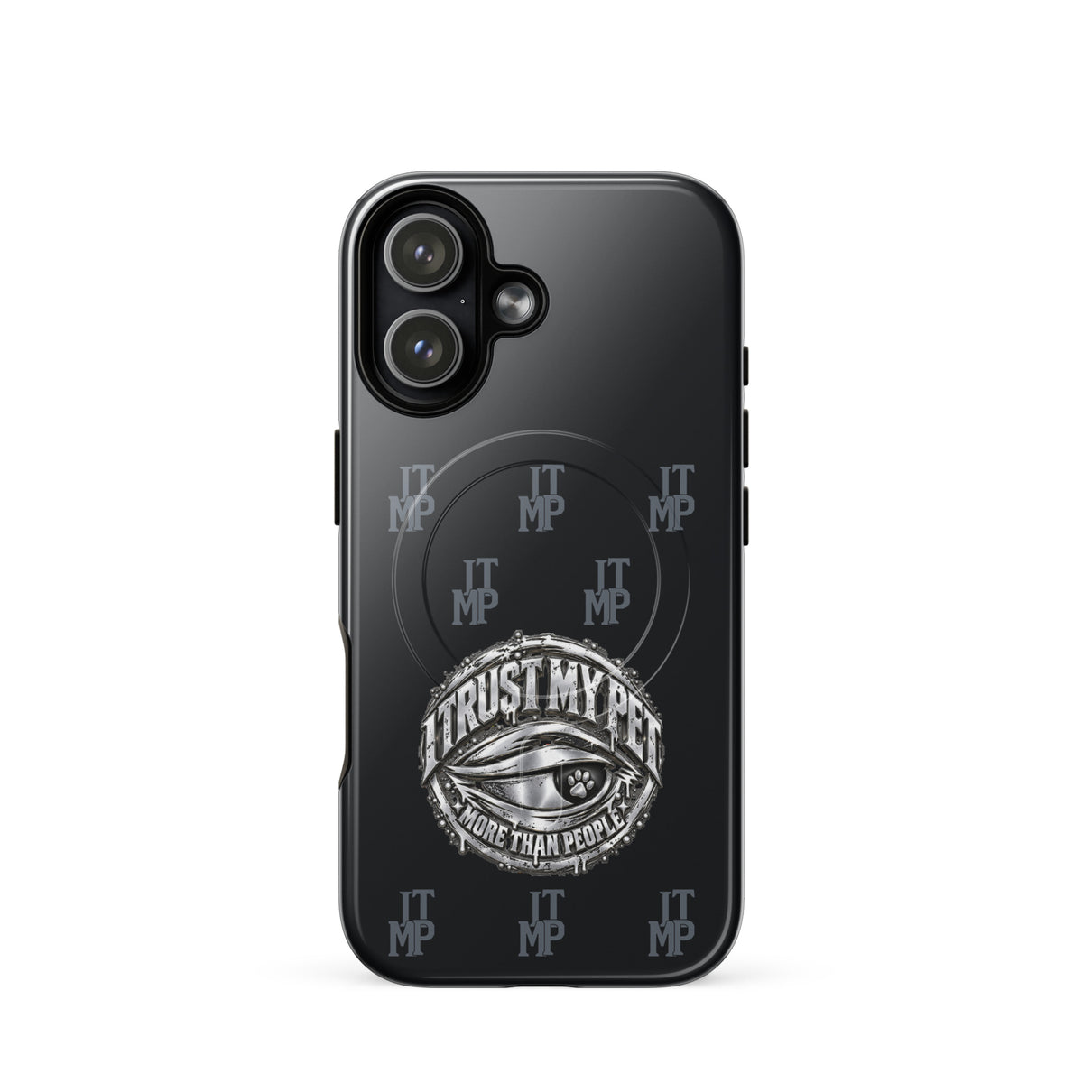 Black I Trust My Pet™ Signature Monogram MagSafe case for iPhone 17, glossy finish with charcoal initials and original silver-look eye emblem