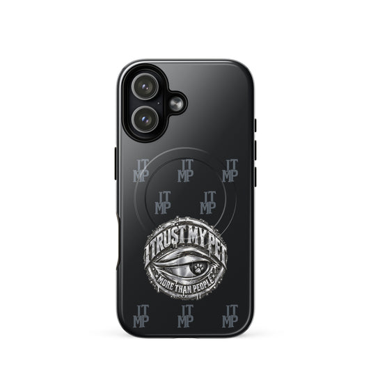 Black I Trust My Pet™ Signature Monogram MagSafe case for iPhone 17, glossy finish with charcoal initials and original silver-look eye emblem