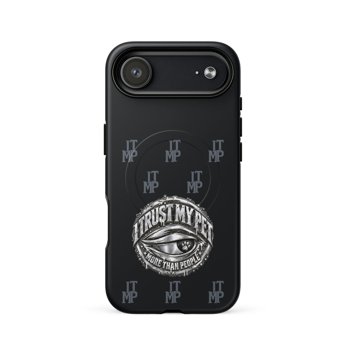 Black I Trust My Pet™ Signature Monogram MagSafe case for iPhone 17 Air, matte finish with charcoal initials and original silver-look eye emblem