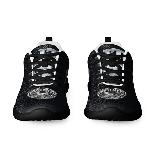 I Trust My Pet™ men's Silver Signature athletic shoes, front view with black printed flyknit uppers, original silver-look toe crests and ITMP monograms, and black soles and matching laces