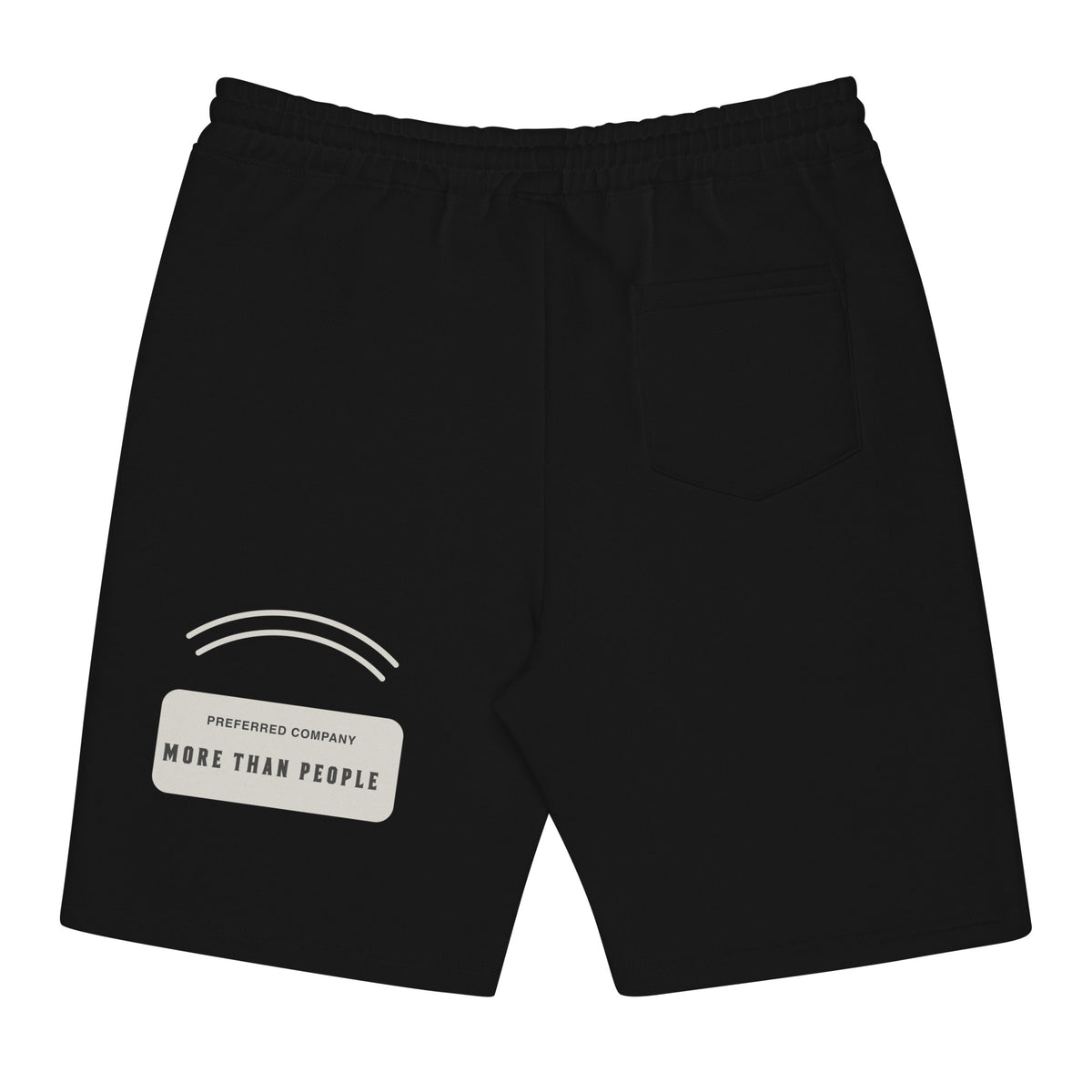 Black Off Hours men’s fleece shorts, back with curved accents and a More than people stone-colored printed panel, flat garment-only view.