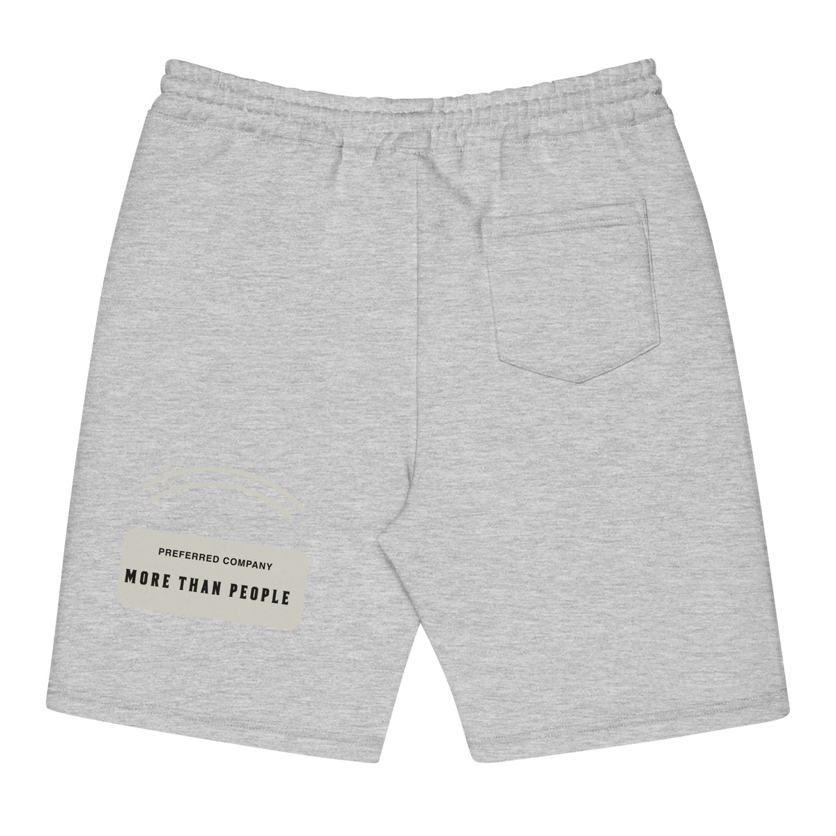 Heather grey Off Hours men’s fleece shorts, back with curved accents and a More than people stone-colored printed panel, flat garment-only view.
