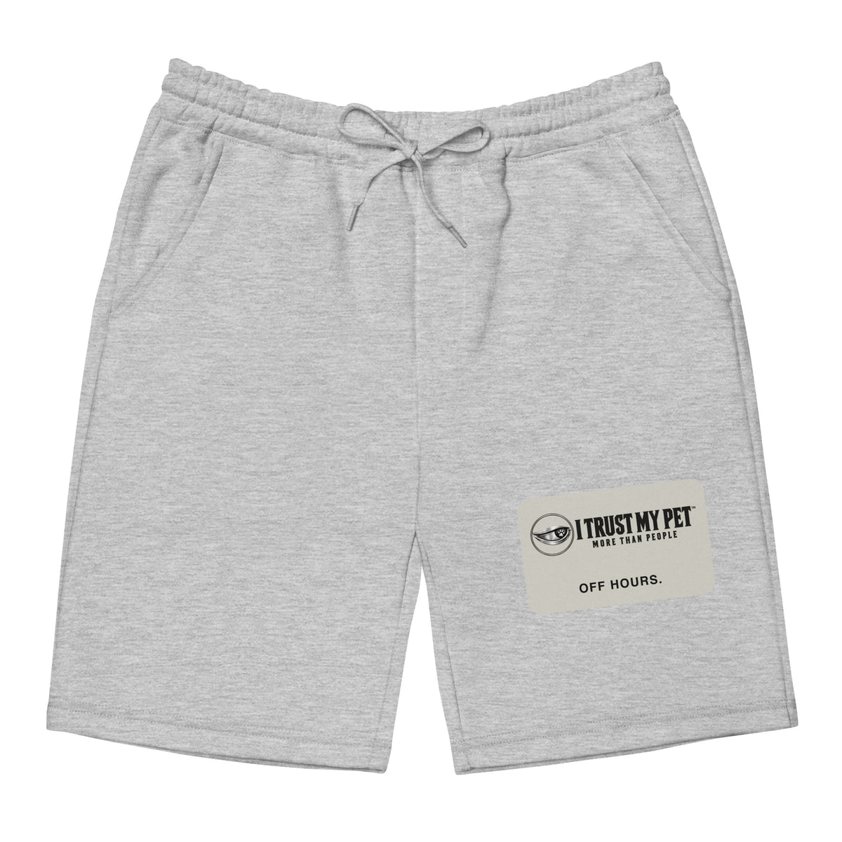 Heather grey Off Hours men’s fleece shorts, front with the complete I Trust My Pet™ logo and Off Hours stone-colored printed panel, flat garment-only view.